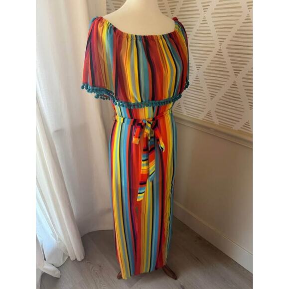 NWT Palms Away Women’s Small Rainbow Stripe and Pom Tassel Off Maxi Dress - Picture 6 of 6